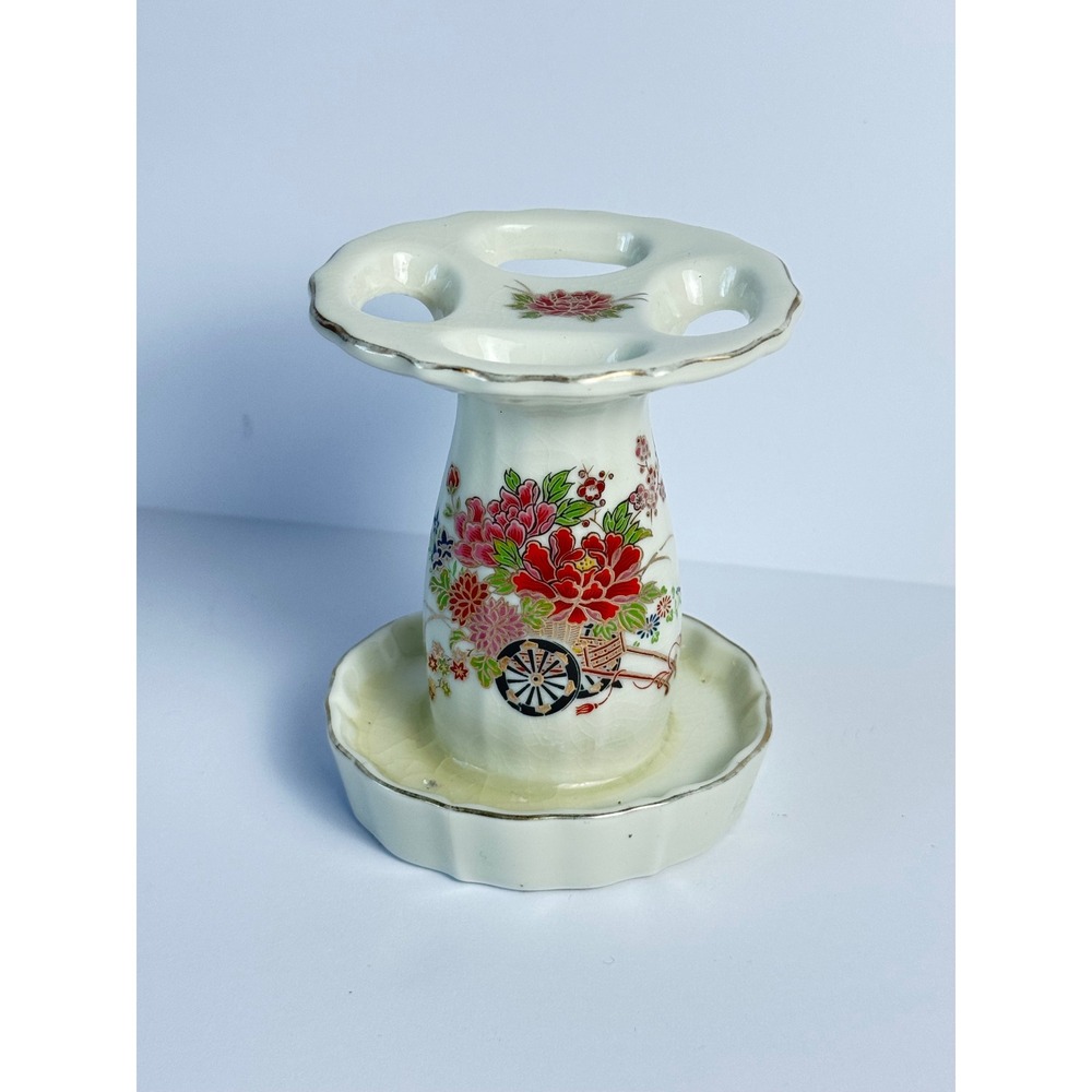 Vintage Made in Japan Ceramic Toothbrush Holder Floral Flower Cart Gold Trim
